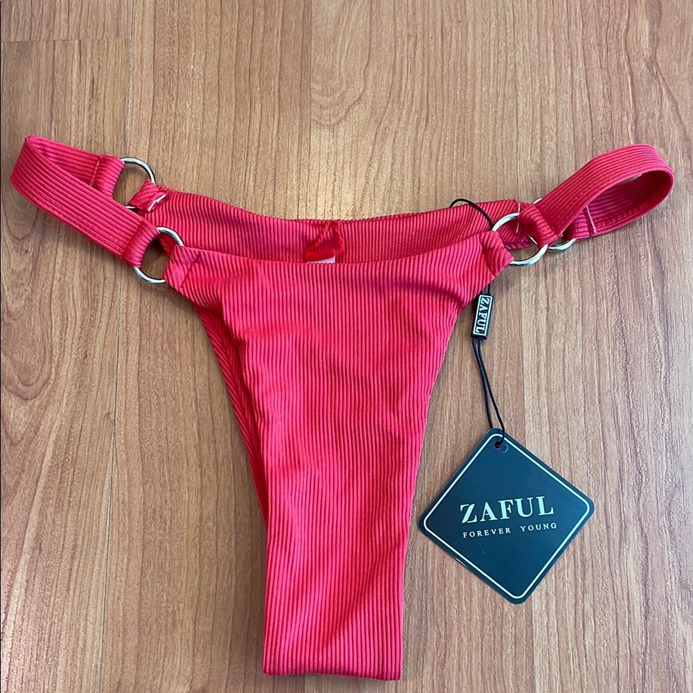 NWT Zaful Red Bikini Ripped Texture Cheeky Bikini Bottom with rings S Small